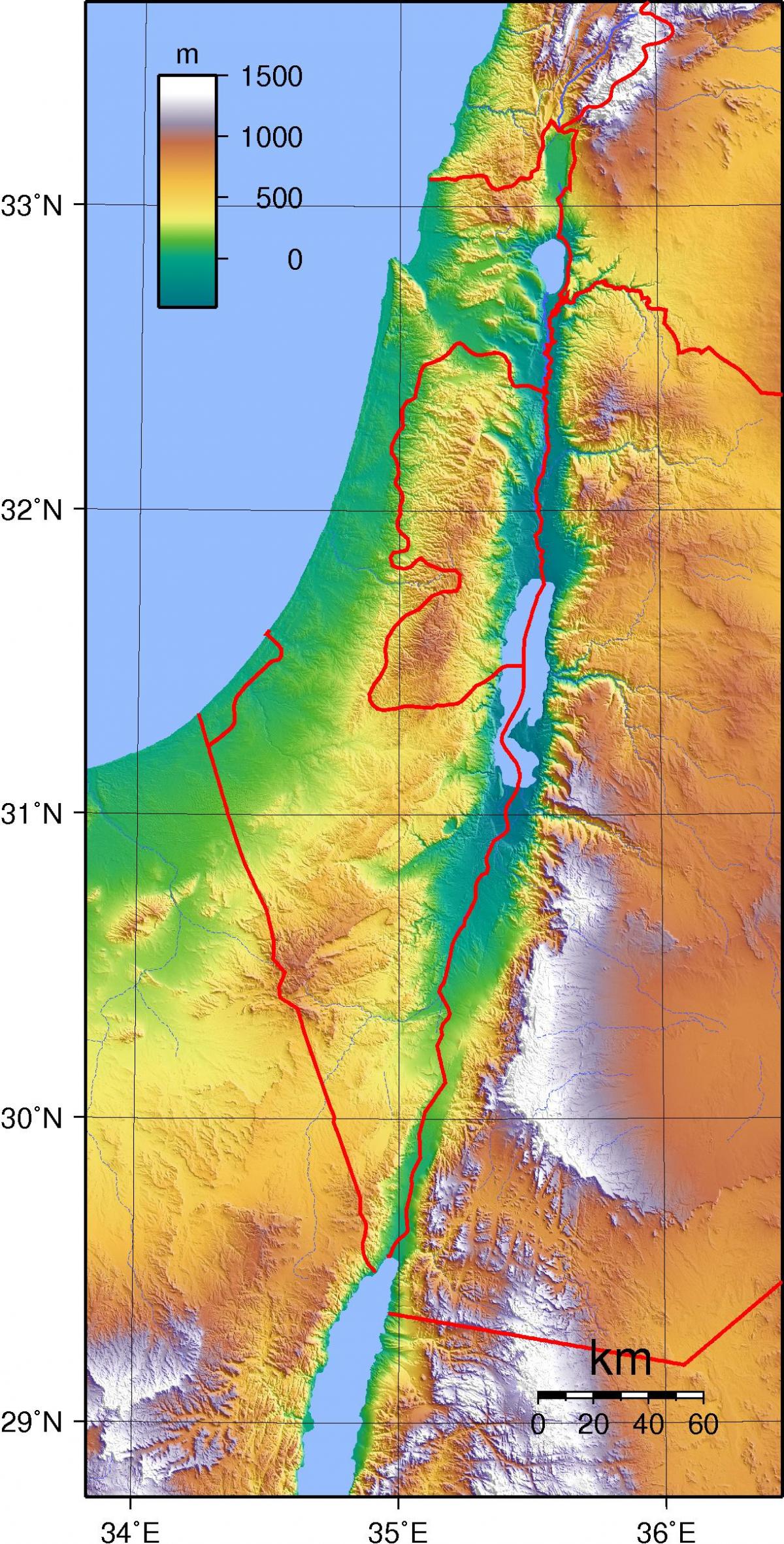 イスラエルの標高の地図